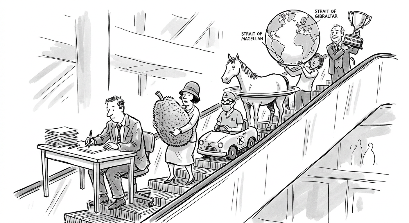 Illustration of a man writing at a desk mounted on a moving escalator
