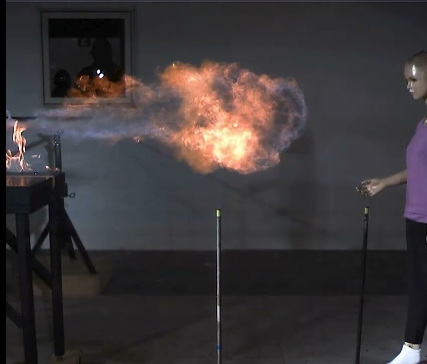 CPSC flame jetting demonstration with burning alcohol hitting a mannequin