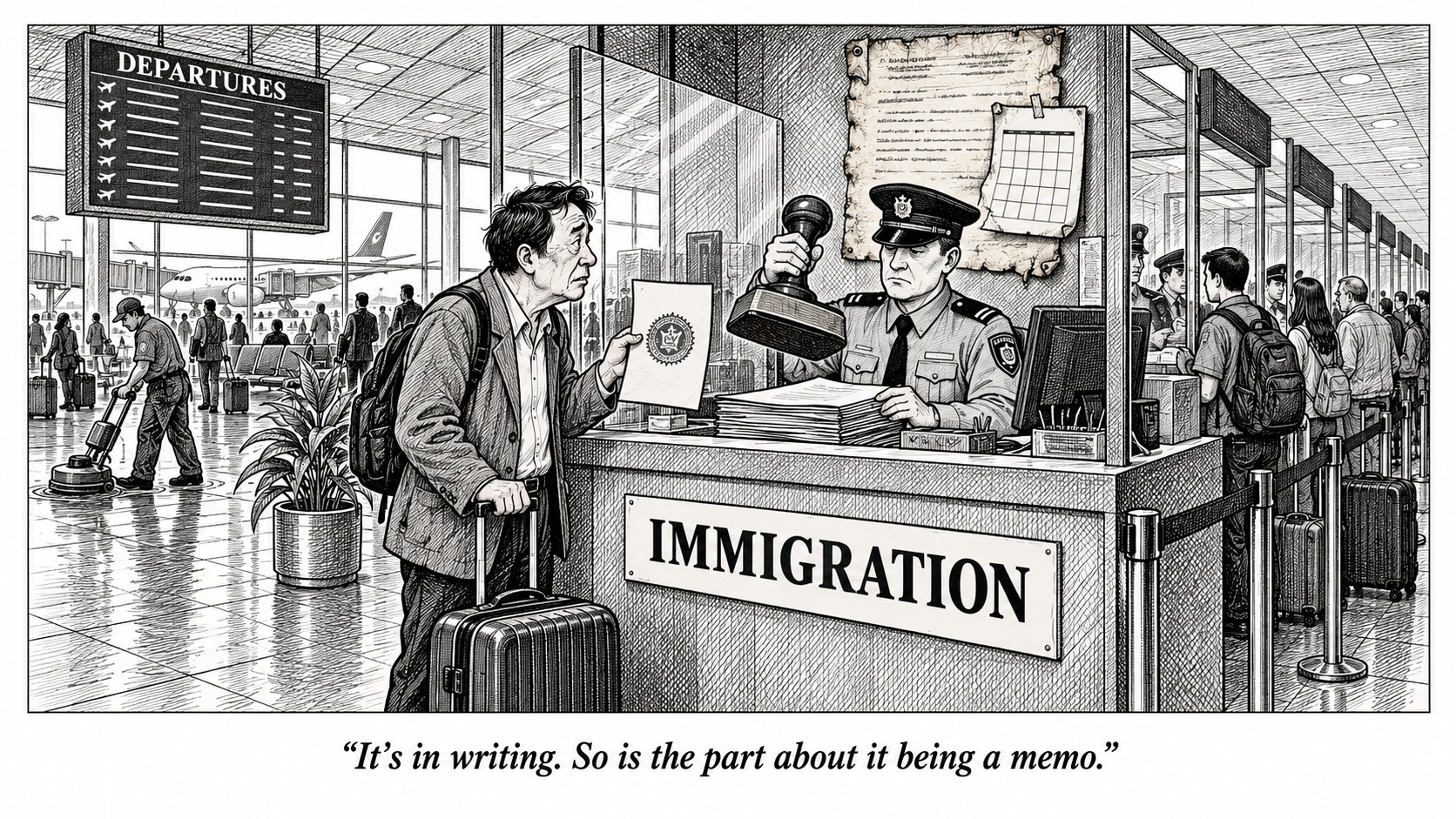 Black-ink cartoon of a traveler at an airport immigration counter holding a stamped paper while an agent poises a rubber stamp, a yellowed memo pinned behind him